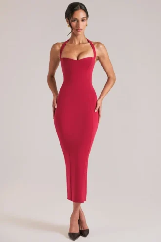 Landen Halterneck Midaxi Dress in Cherry Red