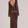 Lani Long-Sleeve Draped Maxi Dress in Chocolate Brown