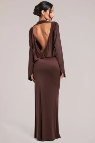 Lani Long-Sleeve Draped Maxi Dress in Chocolate Brown