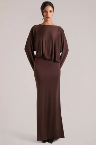 Lani Long-Sleeve Draped Maxi Dress in Chocolate Brown