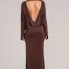Lani Long-Sleeve Draped Maxi Dress in Chocolate Brown