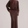Lani Long-Sleeve Draped Maxi Dress in Chocolate Brown