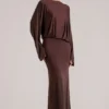 Lani Long-Sleeve Draped Maxi Dress in Chocolate Brown