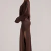 Lani Long-Sleeve Draped Maxi Dress in Chocolate Brown