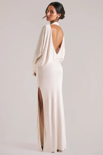 Lani Long-Sleeve Draped Maxi Dress in Ivory
