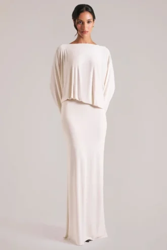 Lani Long-Sleeve Draped Maxi Dress in Ivory