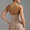 Lasma Embellished Halterneck A-Line Mini Dress in Almond