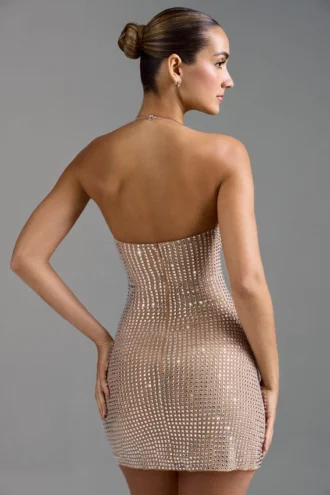 Lasma Embellished Halterneck A-Line Mini Dress in Almond
