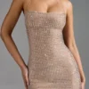 Lasma Embellished Halterneck A-Line Mini Dress in Almond