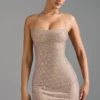 Lasma Embellished Halterneck A-Line Mini Dress in Almond
