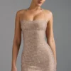 Lasma Embellished Halterneck A-Line Mini Dress in Almond