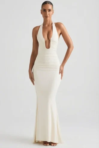 Laverna Ruched Backless Halterneck Gown in Ivory