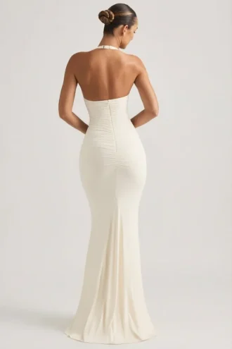 Laverna Ruched Backless Halterneck Gown in Ivory