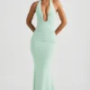 Laverna Ruched Backless Halterneck Gown in Mint