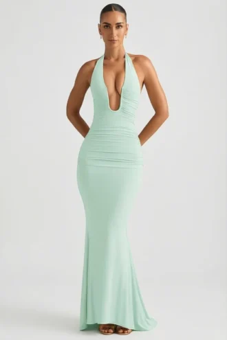 Laverna Ruched Backless Halterneck Gown in Mint
