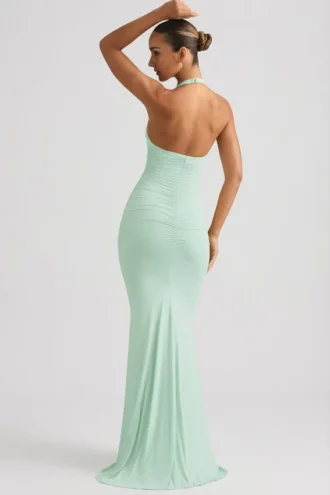 Laverna Ruched Backless Halterneck Gown in Mint