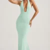 Laverna Ruched Backless Halterneck Gown in Mint
