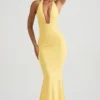 Laverna Ruched Backless Halterneck Gown in Pastel Yellow