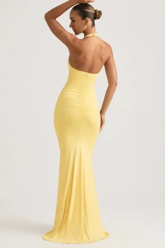 Laverna Ruched Backless Halterneck Gown in Pastel Yellow