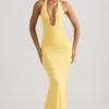 Laverna Ruched Backless Halterneck Gown in Pastel Yellow