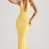 Laverna Ruched Backless Halterneck Gown in Pastel Yellow