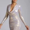 Layla Long Sleeve Metallic Jersey Mini Dress in Light Gold