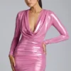 Layla Long Sleeve Metallic Jersey Mini Dress in Rose Pink