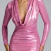 Layla Long Sleeve Metallic Jersey Mini Dress in Rose Pink