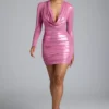 Layla Long Sleeve Metallic Jersey Mini Dress in Rose Pink