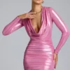 Layla Long Sleeve Metallic Jersey Mini Dress in Rose Pink