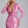 Layla Long Sleeve Metallic Jersey Mini Dress in Rose Pink