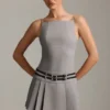 Leilani Belted Backless Pleated Mini Dress in Grey