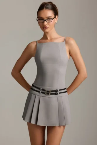 Leilani Belted Backless Pleated Mini Dress in Grey