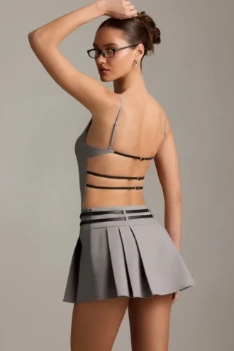 Leilani Belted Backless Pleated Mini Dress in Grey