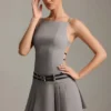 Leilani Belted Backless Pleated Mini Dress in Grey