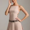 Leilani Belted Backless Pleated Mini Dress in Mushroom