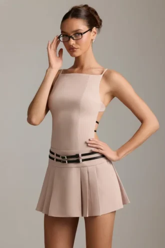 Leilani Belted Backless Pleated Mini Dress in Mushroom