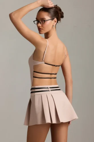 Leilani Belted Backless Pleated Mini Dress in Mushroom