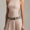 Leilani Belted Backless Pleated Mini Dress in Mushroom