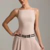 Leilani Belted Backless Pleated Mini Dress in Mushroom