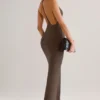 Leire Modal Plunge Backless Maxi Dress in Chocolate Brown