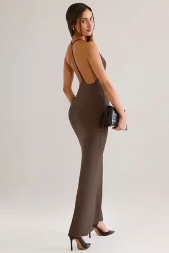 Leire Modal Plunge Backless Maxi Dress in Chocolate Brown