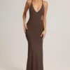 Leire Modal Plunge Backless Maxi Dress in Chocolate Brown