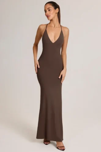 Leire Modal Plunge Backless Maxi Dress in Chocolate Brown