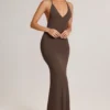 Leire Modal Plunge Backless Maxi Dress in Chocolate Brown