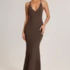 Leire Modal Plunge Backless Maxi Dress in Chocolate Brown
