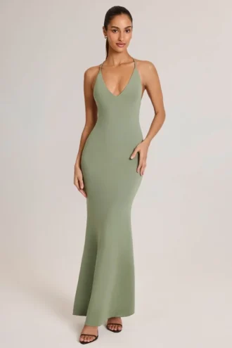 Leire Modal Plunge Backless Maxi Dress in Sage Green
