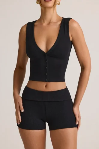 Lene Modal Ribbed Button-Up Vest Top in Black