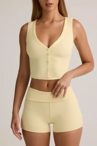 Lene Modal Ribbed Button-Up Vest Top in Buttercream Yellow