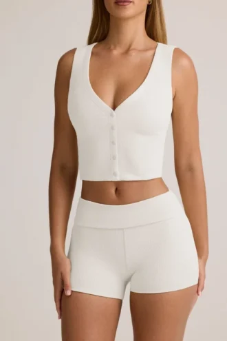 Lene Modal Ribbed Button-Up Vest Top in White